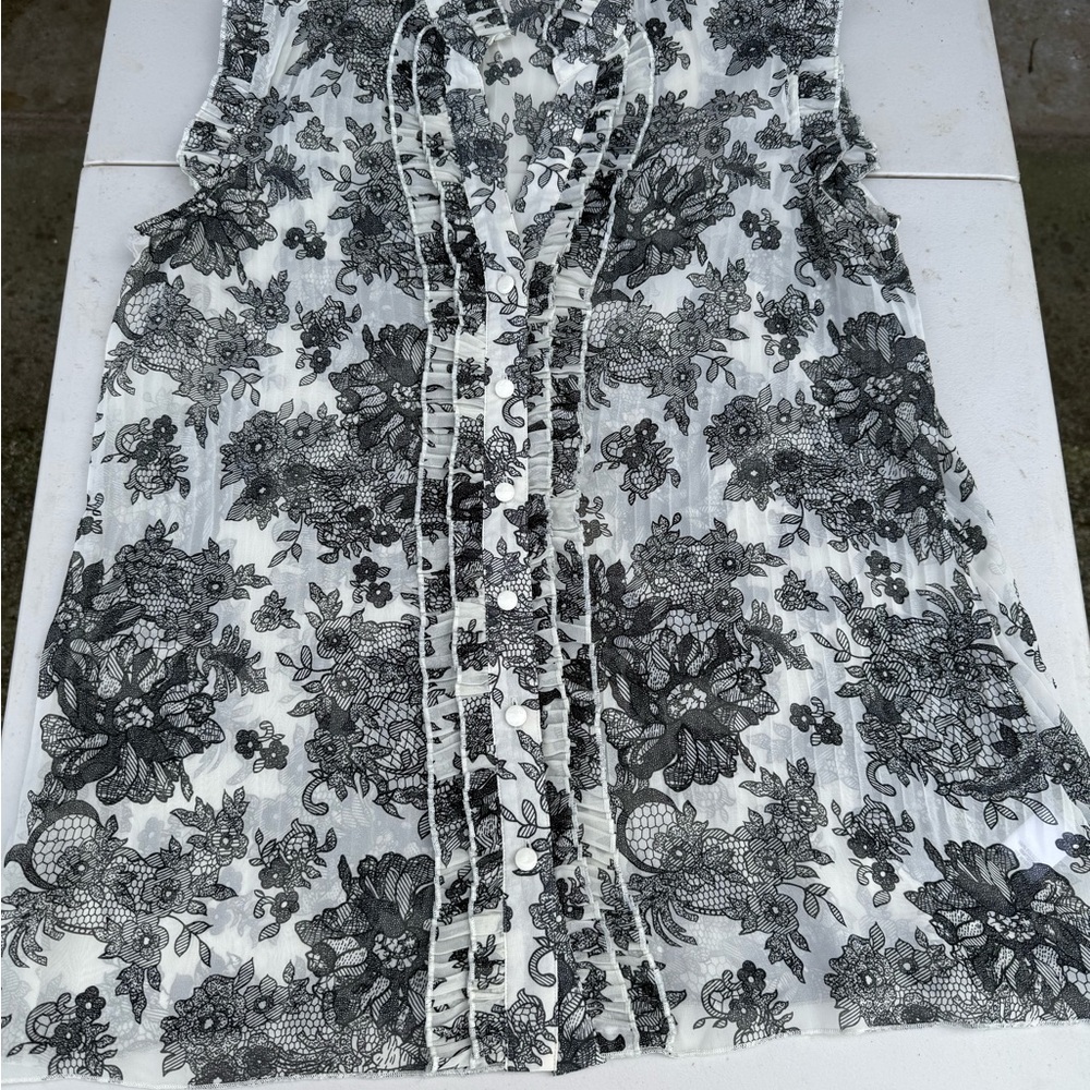 Apt. 9 Monochrome Floral Ruffle Sheer Blouse